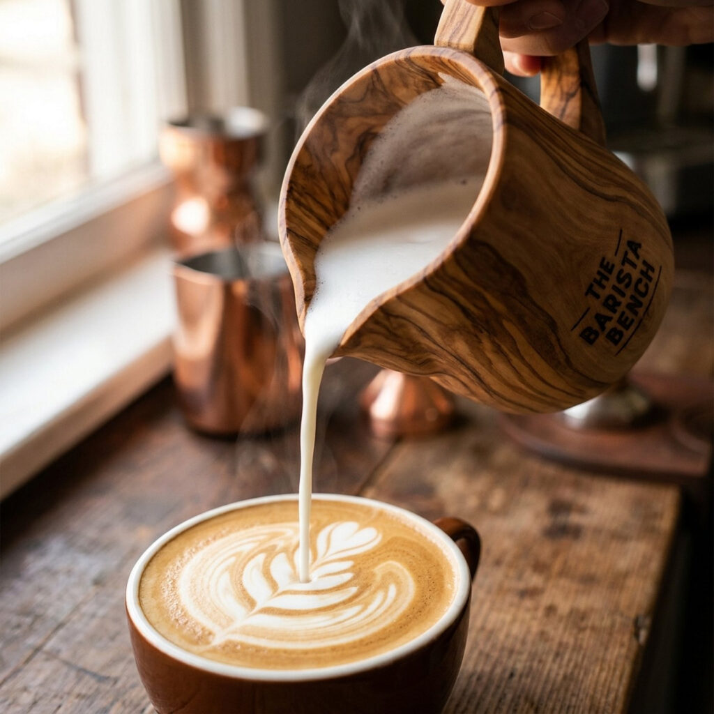 Bench Latte Art Pitcher — Olive Wood